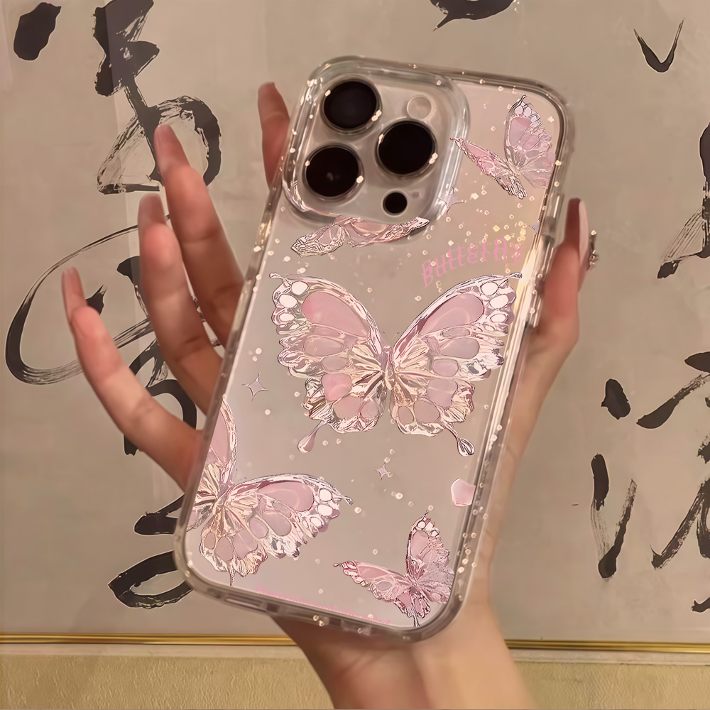 Clear Shockproof Bumper Case - ピンクバタフライクリアグリッターフォンケース iPhone 17 13 16 15