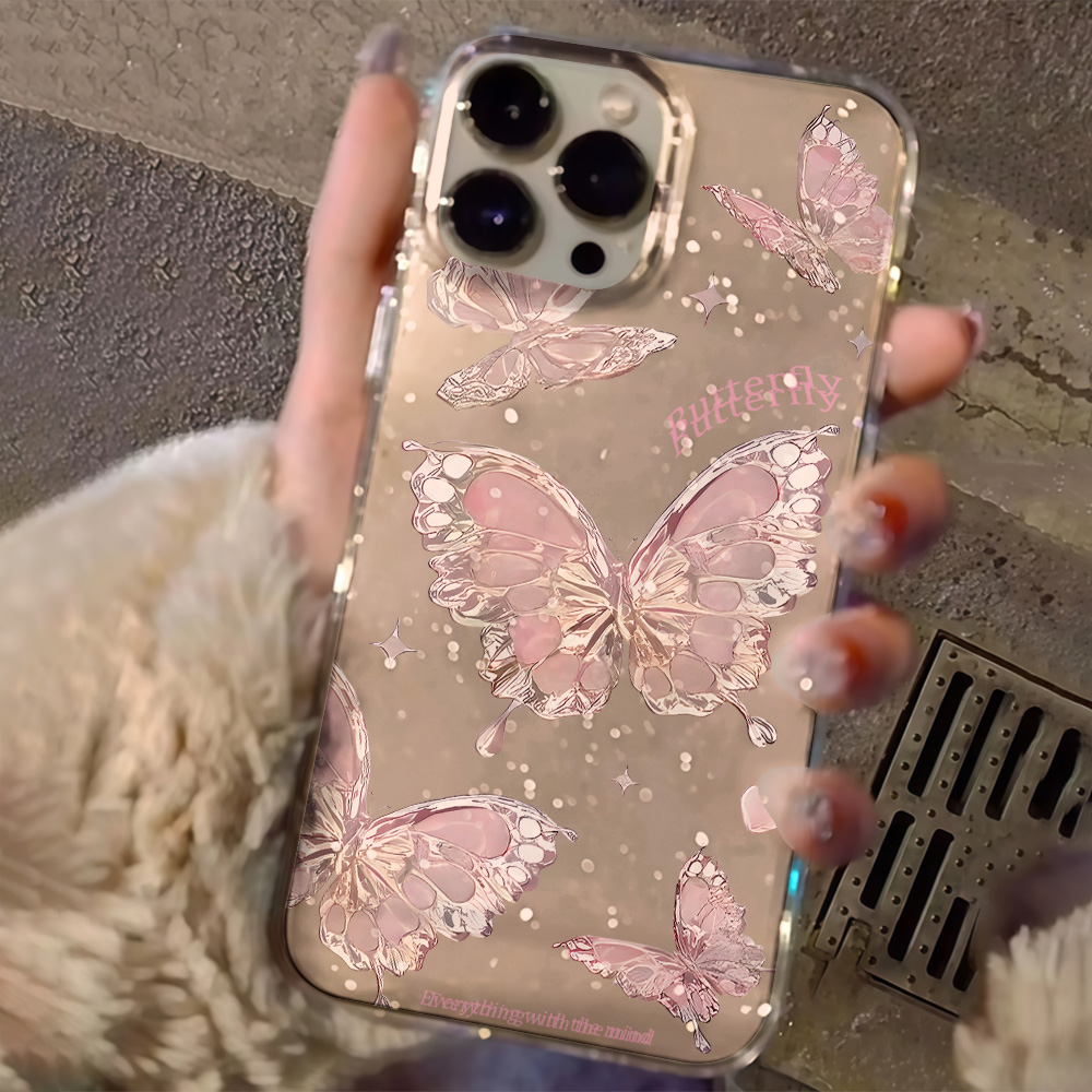 ピンクバタフライクリアグリッターフォンケース iPhone  - Clear Shockproof Bumper Case のレビューと価格