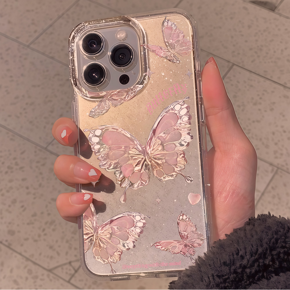 ピンクバタフライクリアグリッターフォンケース iPhone  - Clear Shockproof Bumper Case のレビューと価格