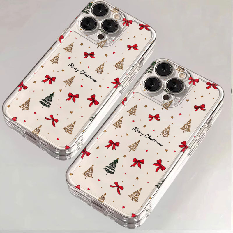 赤いリボンが付いたクリスマスデザインの透明耐衝撃スマホケース - Clear Shockproof Bumper Case のレビューと価格